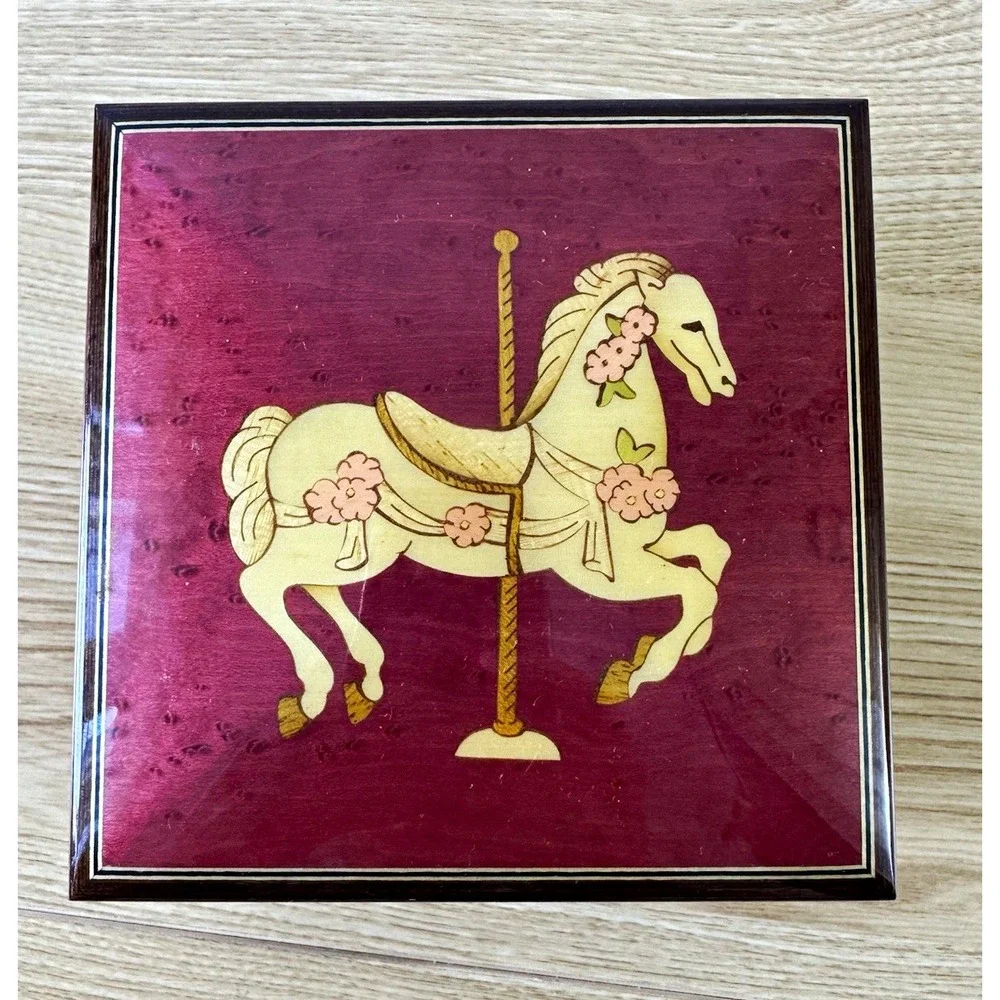 San Francisco Music Box Company Wooden Velvet-Lined Carousel Horse Music Box